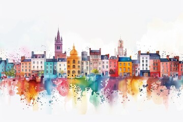 Whimsical Illustration of Dublin with Crayon Strokes and Watercolor Splashes

