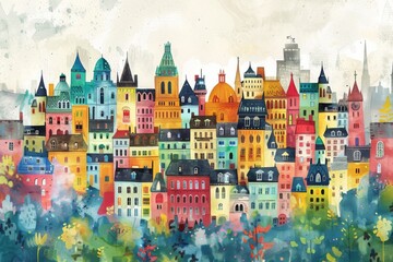 Whimsical Illustration of Montreal with Crayon Strokes and Watercolor Splashes

