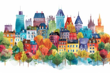 Whimsical Illustration of Montreal with Crayon Strokes and Watercolor Splashes

 - obrazy, fototapety, plakaty