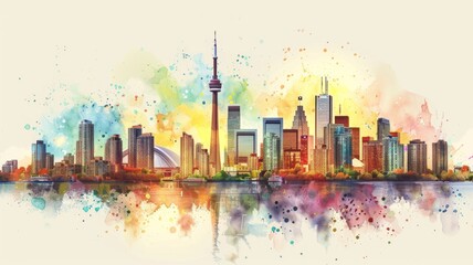 Whimsical Illustration of Toronto with Crayon Strokes and Watercolor Splashes

