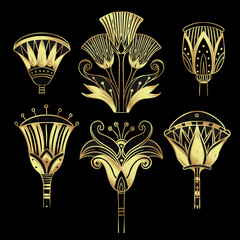 Egyptian floral design element set in gold isolated on white. Art deco style. Lotus flower, vector sign, symbol, logo illustration. Spirituality, occultism, chemistry, flower tattoo. - 785425113