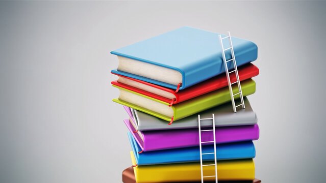 Ladders and heap of colorful books. 3D illustration