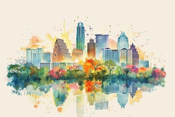 Whimsical Illustration of Austin with Crayon Strokes and Watercolor Splashes

