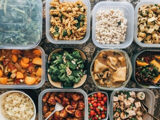 It's a flat lay of batch cooking! There are lots of yummy dishes all ready to go! Let's pack them up for easy meals all week! Batch cooking saves time and keeps us full and happy!  - obrazy, fototapety, plakaty