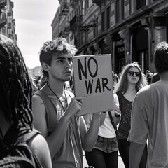 man demonstrating against war with "no war" sign