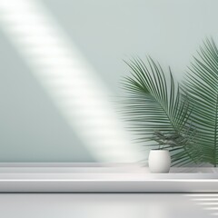 Silver background with palm leaf shadow and white wooden table for product display, summer concept. Vector illustration