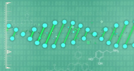 Image of data processing with dna strand and chemical formula on green background