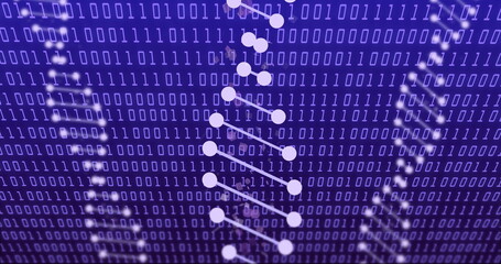 Image of data processing with dna strands on blue background