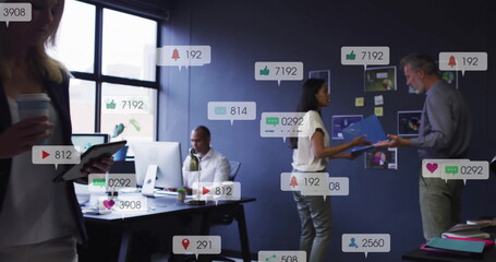 Image of changing numbers, icons in notification bars over diverse coworkers discussing reports