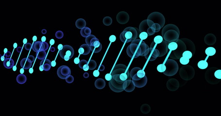 Image of dna strand over bubbles on black background