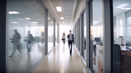 Office corridor, long exposure, motion blur effect, modern business center interior with blurred rushing people. Indoor background. Office life concept.