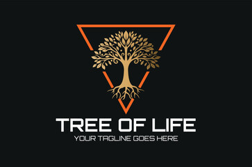 Illustration of the Tree of Life in gold color with triangular lines behind on a Modern Dark background