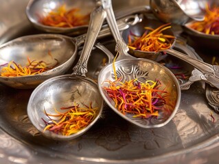Look closely! Utensils filled with saffron! It's like golden treasure! Saffron adds rich color and flavor to dishes. Let's use it to make something special and delicious! 