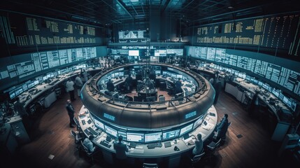 Fototapeta premium Illustration of trading floor, stock market exchange indoor backgrounds with round workplaces and displays showing financial data. Businesspeople.