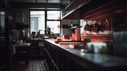Professional restaurant kitchen interior, indoor dark background with furniture and utensils.