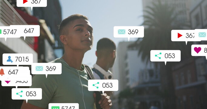 Image of multiple notification bars over diverse friends waving hands to stop cab - Powered by Adobe