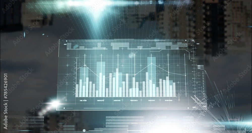 Poster image of graphs, loading bars and computer language over modern buildings against cloudy sky