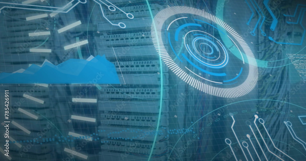 Poster image of loading circles, 5g text, graph and circuit board pattern over data server systems