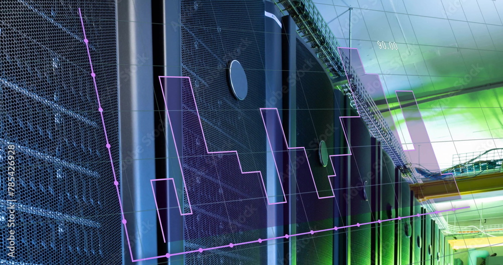 Poster image of graph and changing numbers over data server racks in server room