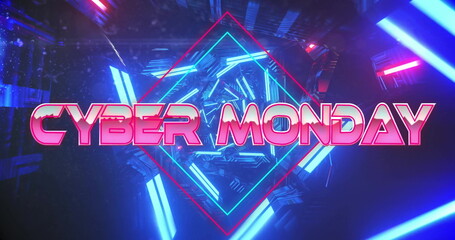 Image of cyber monday text over neon pattern background