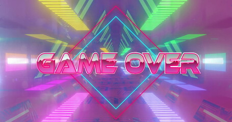 Image of game over text over neon pattern background