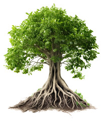 PNG A Big green tree with roots beneath bonsai plant white background