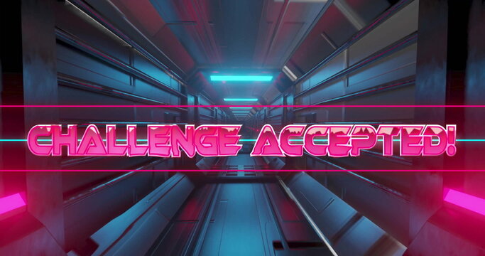Image of challenge accepted text over neon pattern background - Powered by Adobe