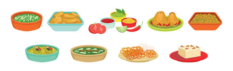 Traditional Indian Food and Served Dish Vector Set
