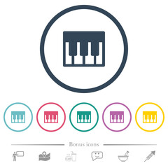 Piano keyboard solid flat color icons in round outlines