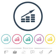 Growing bar graph solid flat color icons in round outlines