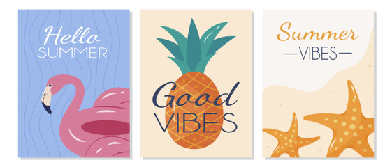 Summer posters are set with the theme of good vibes and positive energy, featuring pineapple, starfishes, and pink flamingo. It is a vector illustration set.