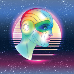 Portrait of robot android woman in retro futurism style. Vector illustration . of a cyborg in glowing neon bright colors. futuristic synth wave flyer template. Cyber technology. - 785427721
