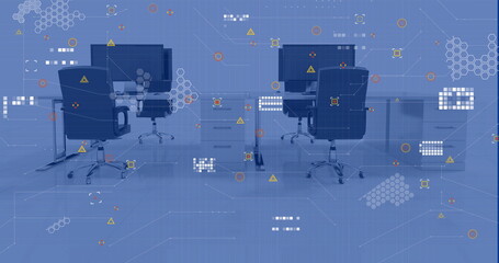 Image of financial data processing over office with computers on desks