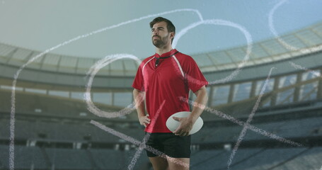 Image of position plan over caucasian man with rugby ball at stadium