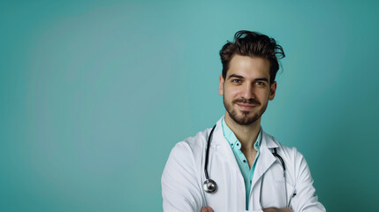 Au Service de la Santé : Médecin Posant avec Stéthoscope pour une Bannière - obrazy, fototapety, plakaty