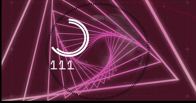 Image of data processing with globe over neon shapes on purple background - Powered by Adobe