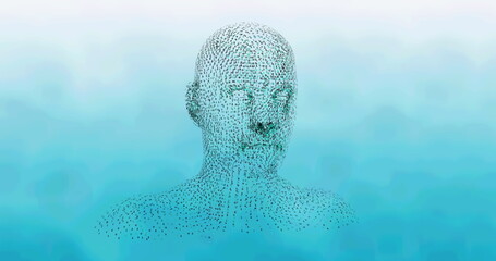Image of human head formed with binary coding spinning over blue background