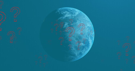 Image of red question marks flying over blue globe on blue background