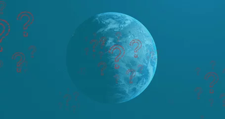  Image of red question marks flying over blue globe on blue background © vectorfusionart