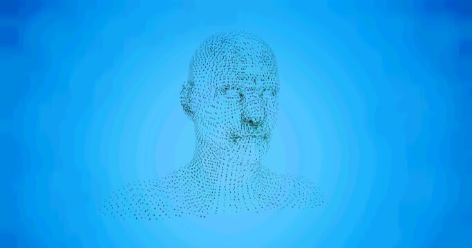 Image of human head formed with binary coding spinning over blue background - Powered by Adobe