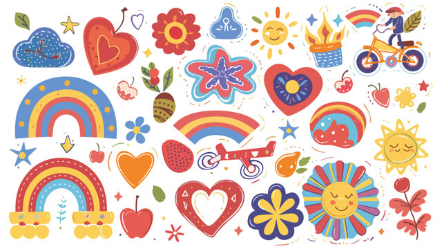 Cute hippie retro stickers set. Cherry heart love sym