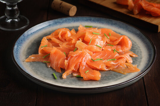 Dish with smoked salmon.  Front view.