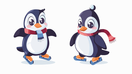Cute penguin character wearing ice skates and scarf 
