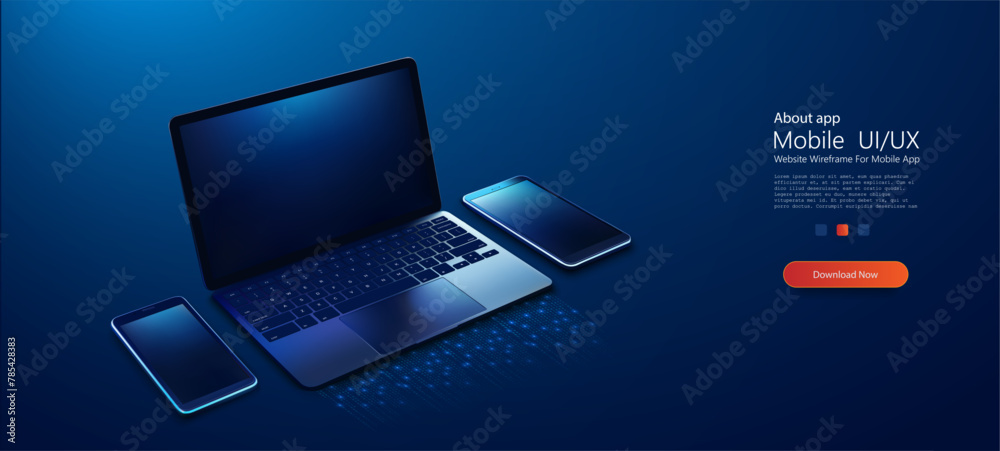 Poster Sleek Devices in Sync: Laptop and Smartphones on table in isometric  on Digital Grid. Modern digital devices linked in harmony, featuring laptop and smartphones on dynamic digital binary code grid. 