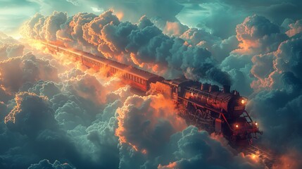 Surreal Train Floating in the Sky Among Clouds, Creating a Dreamy Atmosphere in Overcast Lighting, Evoking a Sense of Imagination and Wonder. - obrazy, fototapety, plakaty
