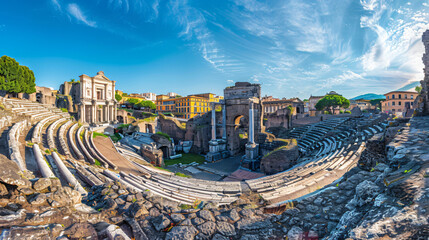 Panoramic view of ruins of the Roman theater  - obrazy, fototapety, plakaty