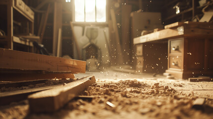 Carpenter workshop, wooden planks. - 785428378