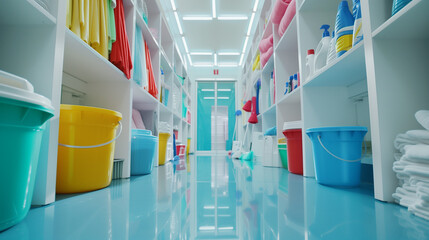 Janitorial room showcasing an array of cleaning supplies.