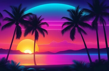 Fototapeta na wymiar Tropical background with sunset or sunrise in retro style neon light. Palm trees and sun