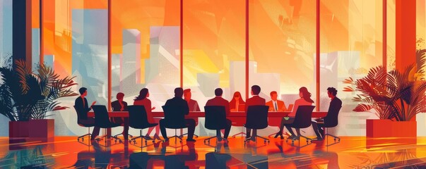 Minimalist vector illustration of a group of business colleagues brainstorming ideas via video conference. - obrazy, fototapety, plakaty